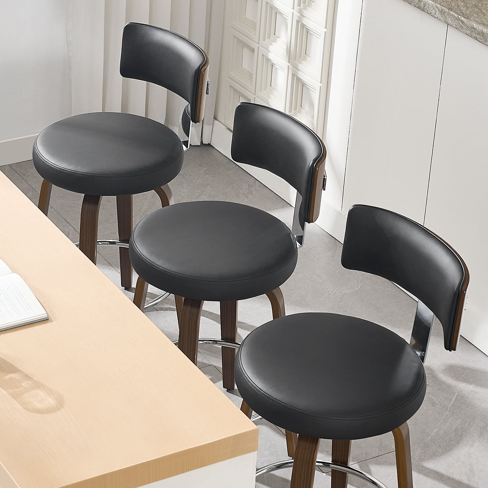 WOOW DEPOT PU Swivel Bar Stools Set of 1, 26" Seat Height Modern Upholstered Bar Chairs w/ Mid-back Round Seat Walnut Legs Leather Island Stools for Kitchen Counter