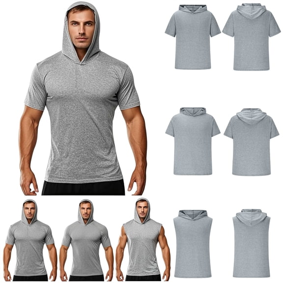 QATAINLAV Mens Workout Hoodie Short Sleeve Lightweight Gym Running Quick Dry Athletic Shirt with Hood, Gray, XXL