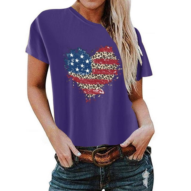 Birdeem T-Shirt pour Femmes d'Été Décontracté Ample Imprimé Fête de l'Indépendance à Col Rond à Manches Courtes