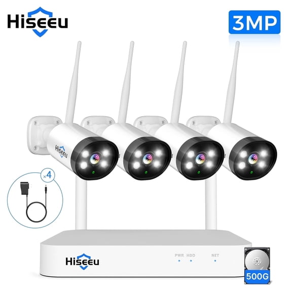 Hiseeu Wireless Camera System, 10CH Expandable 4K Security NVR, 4Pcs 3MP Outdoor Cameras, 2-Way Audio, Human Detection, IP66 Waterproof, 500GB HDD 2.4/5.8GHz WiFi Pro-tech