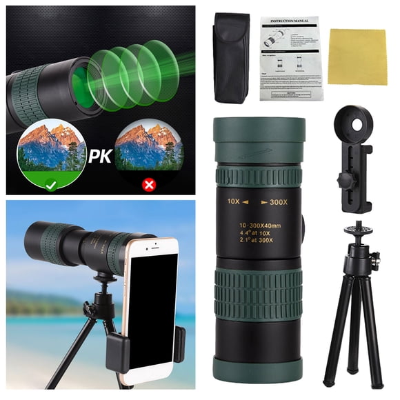 High Magnification Monocular Telescope 10 300x40 Portable High Powered for Bird Watching Hiking with Smartphone Holder and Tripod - Ideal for Outdoor Enthusiasts