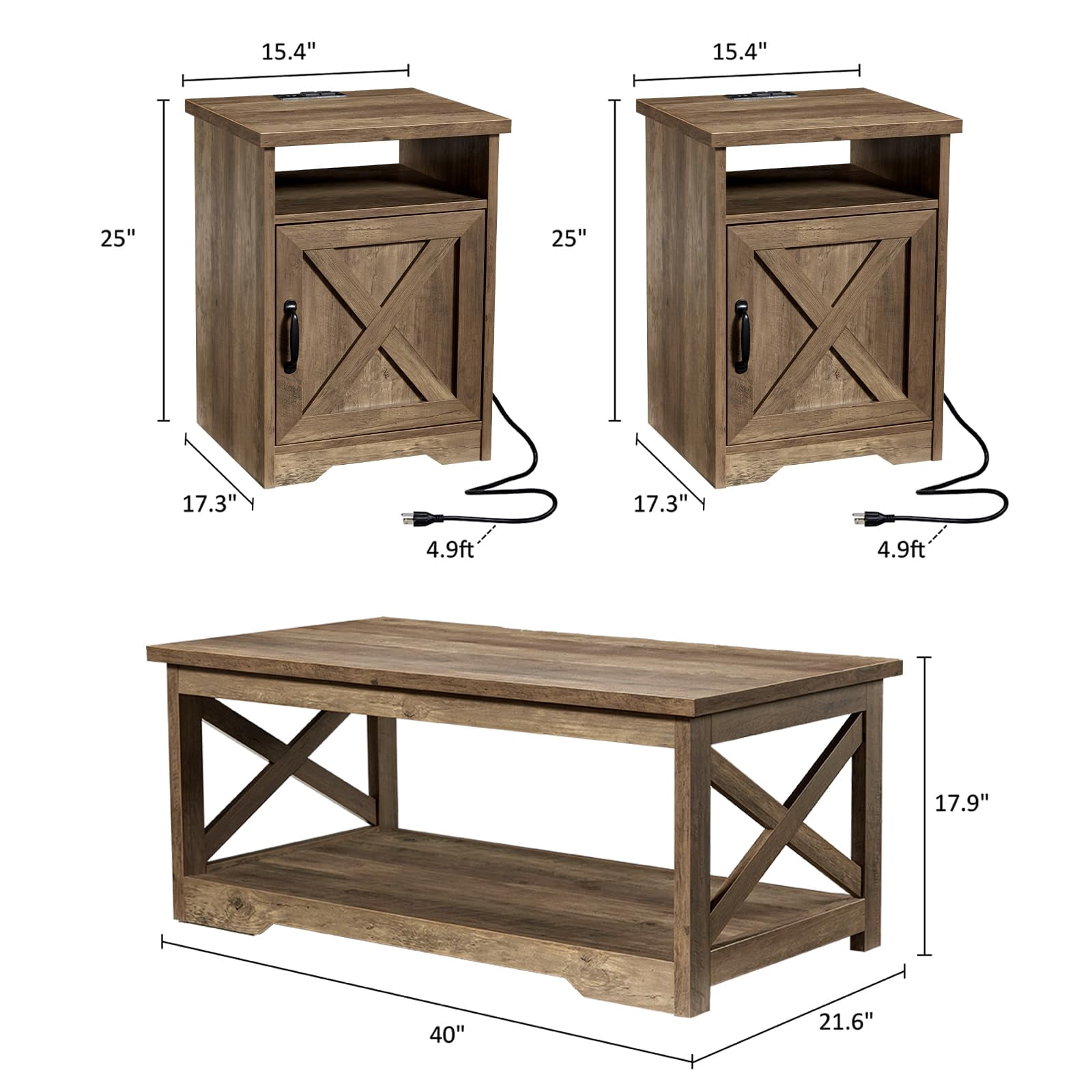 LUXOAK 3-Piece Farmhouse Table Set, Coffee Table & Two End Tables with Charging Station, Barnwood