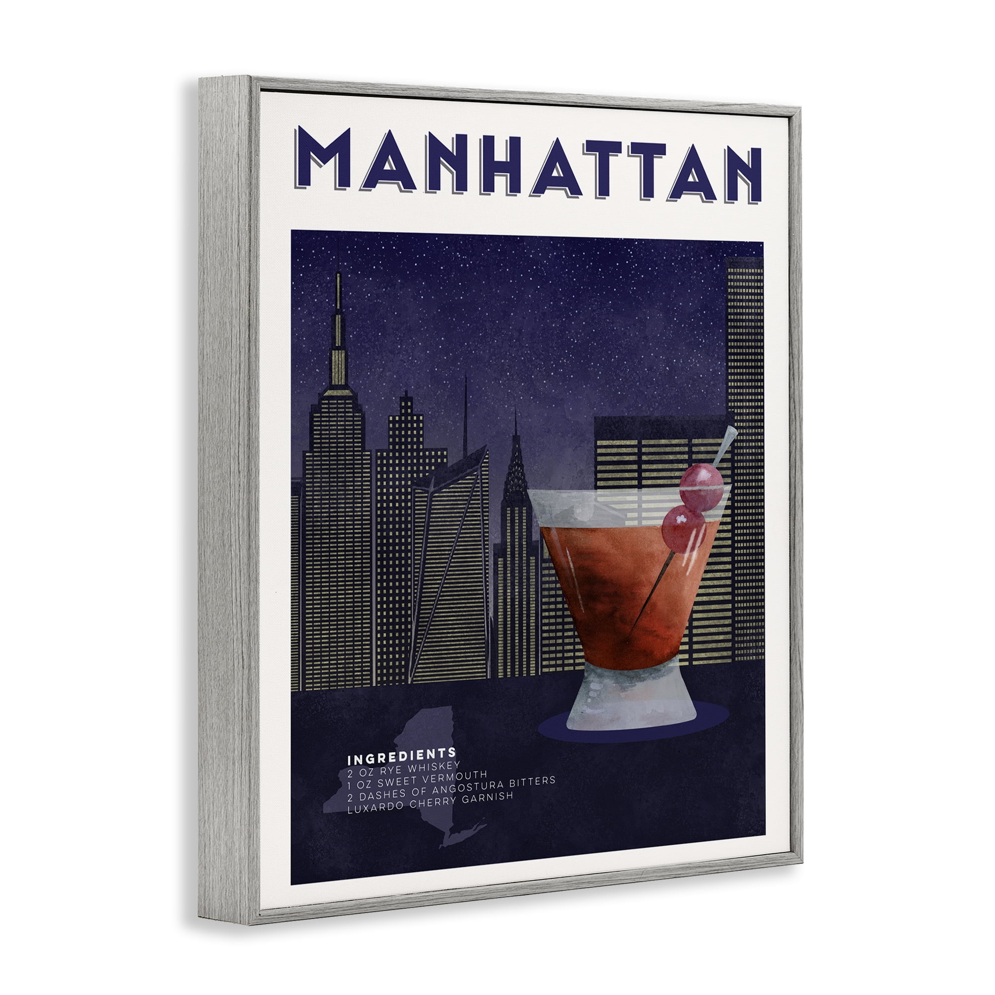 Retro Manhattan Cocktail Cityscape Gray Framed Giclee Art, design by Brett Blumenthal