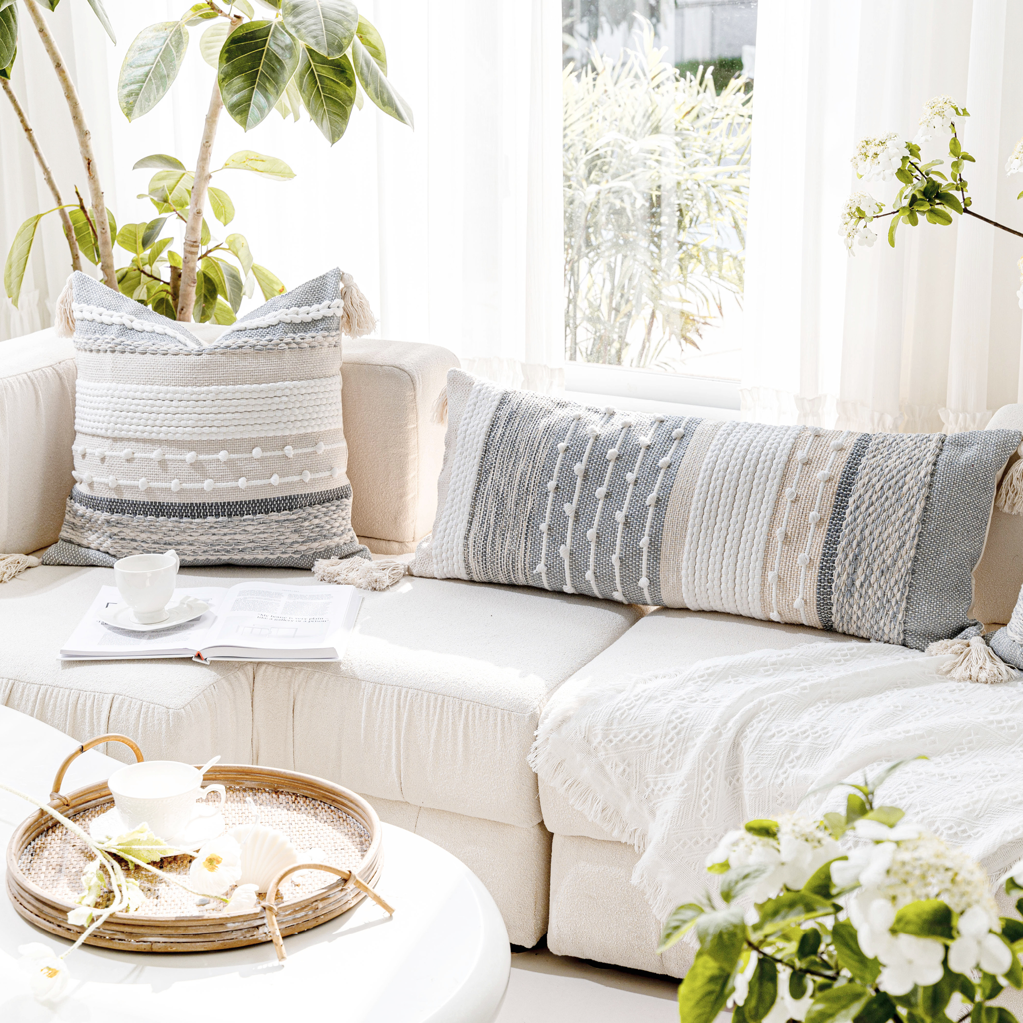 BlissBlush Gray Boho Throw Pillow Cover 20x20 Grey Decorative Accent Pillow for Couch Square Woven Textured Pillowcase Modern Farmhouse Pillow for Bed Bohemian Pillow Cover (Pack of 1)