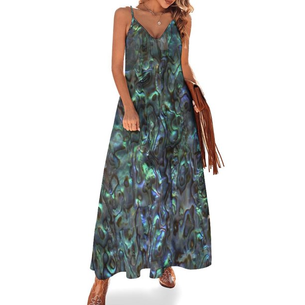 Concha de Abal | Concha de Paua | Patrones de conchas marinas | Conchas marinas | Natural | Vestido largo sin mangas para mujer Vestidos
