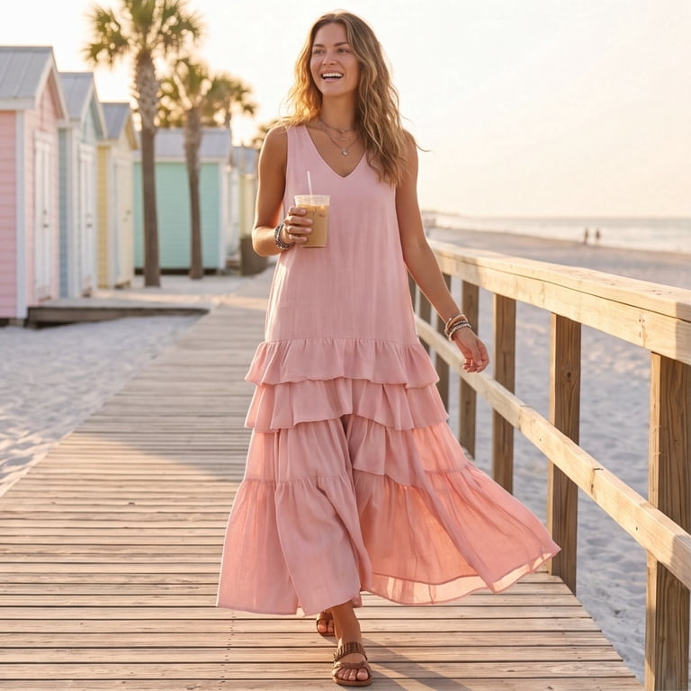 tank top flowy dress laqbezok Womens Tiered Layered Dress, Summer Long Gown, Elegant Plain Color Cottagecore Loose Swing for Vacation, S-2xl, Women's tie neck dress