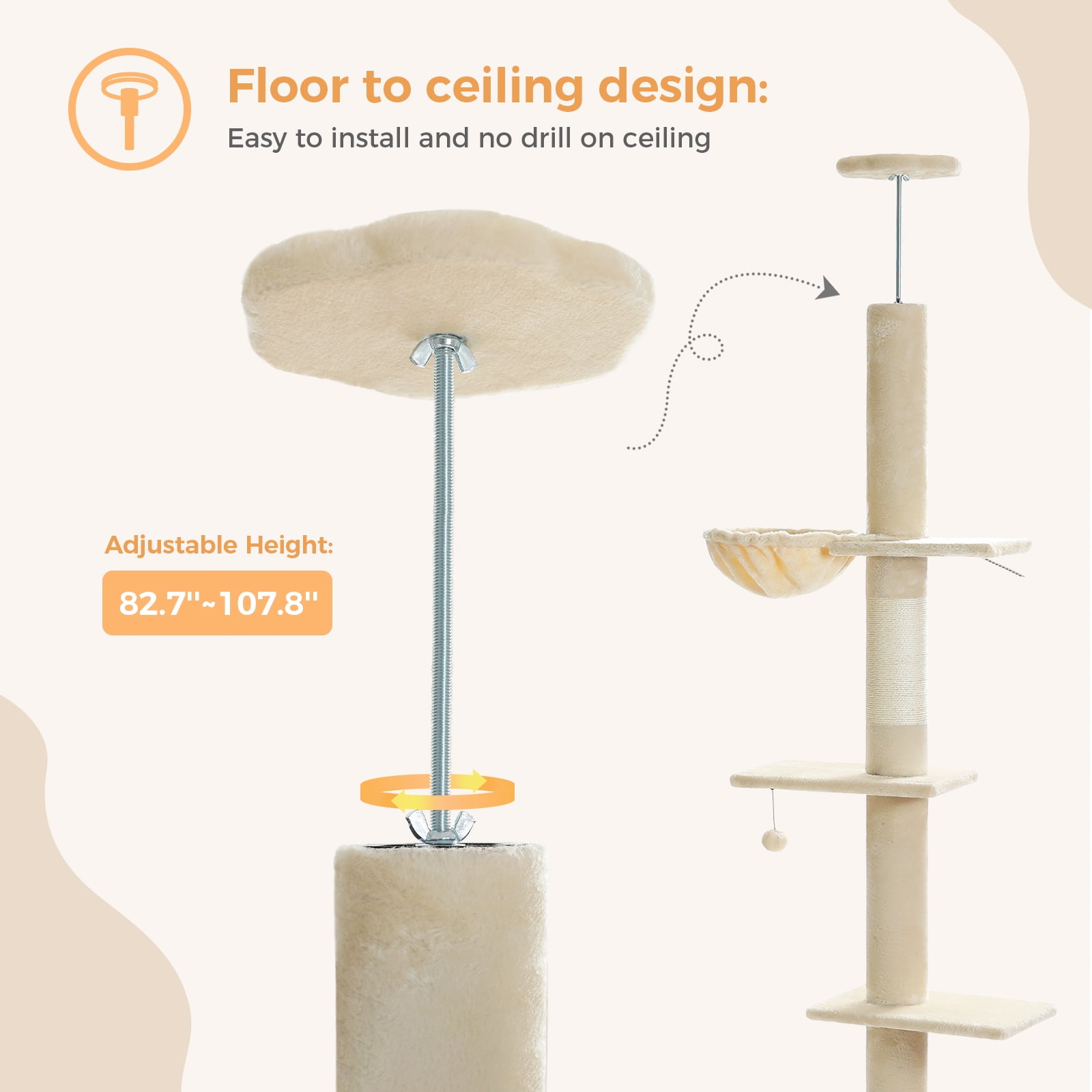 Pefilos 5 Tiers Cat Tree Floor to Ceiling, Adjustable Height (83"-108") Climbing Cat Tower for Indoor Cats with Condo, Scratching Post, Beige