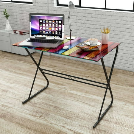 Rainbow Accents Computer Table - Home Office Modern Glass Table Desk with Rainbow Pattern
