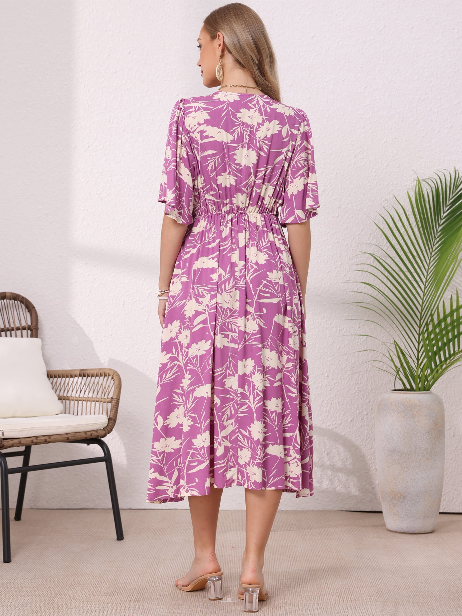 DARING DIVA Women's Floral Midi Flutter Sleeve V Neck Flowy Dresses L Purple