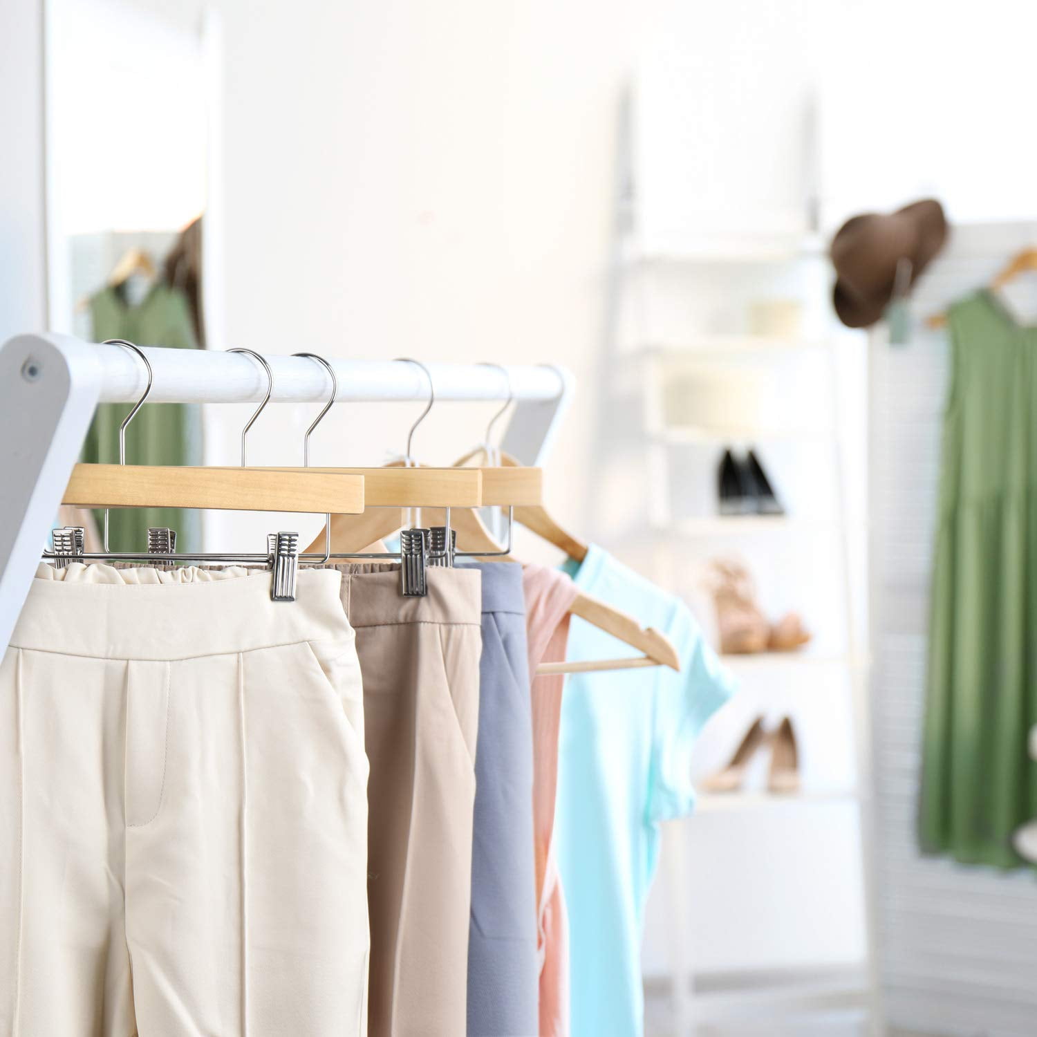 ACSTEP Wooden Pants Hangers with Clips 25 Pack 14 Inch, Wood Skirt Hangers for Women, Solid Wood Pants Hangers with 360 Swivel Hook - Natural