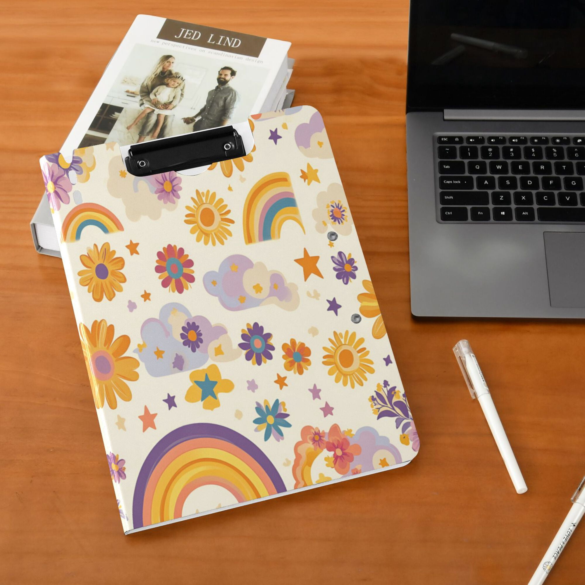 FORMRS A4 Clipboard Folder with Pen Holder Horizontal Foldable School Office Binder, Beige Retro Rainbow