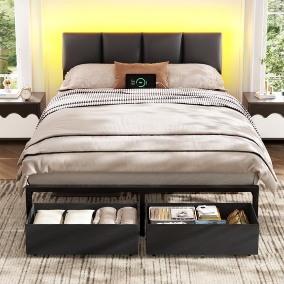 Satifur Full Size Upholstered Headboard Metal Bed Frame with LED Lights, 2 Drawers, Charging Station, Black leather