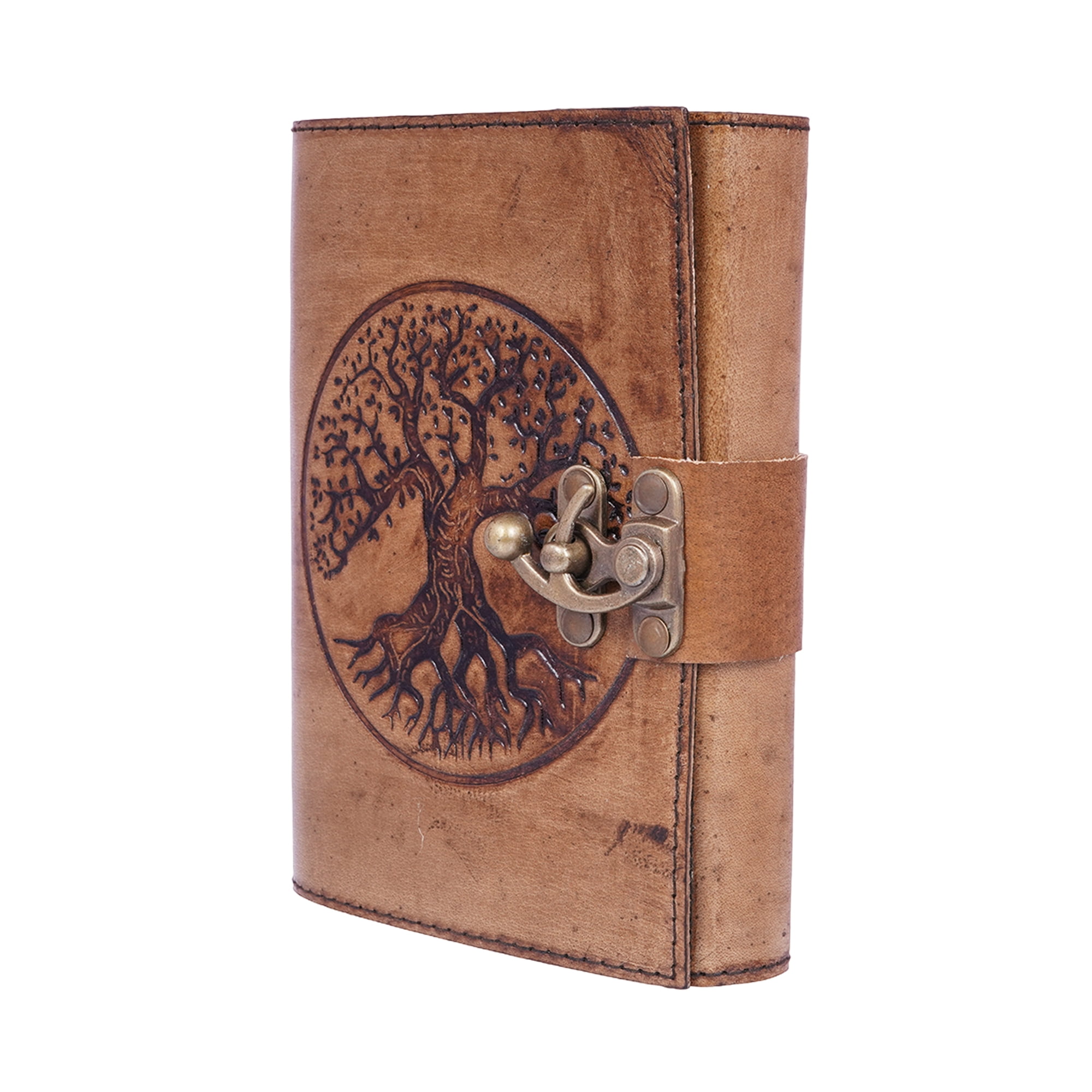 Tree Of Life Embossed Leather Journal w/Metal Closure - 5"x7" | Handmade Embossed Leather Notebook with Circular Tree Design