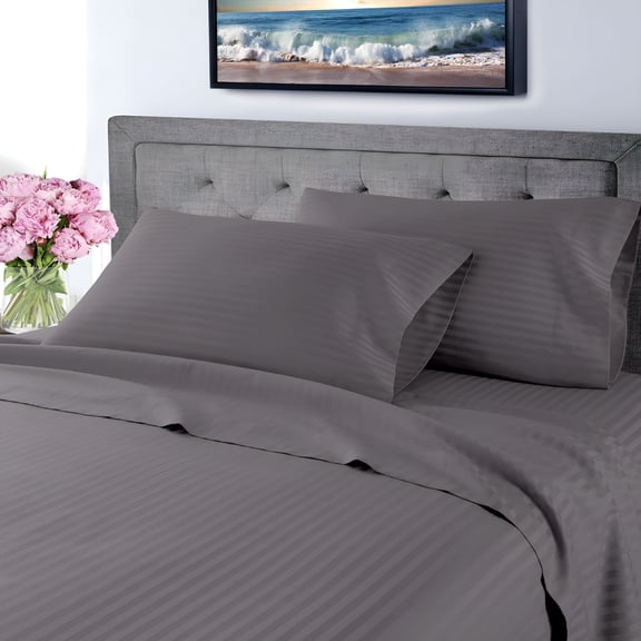 AUQ 600 Thread Count Egyptian Cotton Sheet Set Queen, Deep Pocket Fitted Bed Sheets, Luxurious Satin-Like Sateen Weave, Breathable & Soft Hotel Quality Striped Gray Bedding