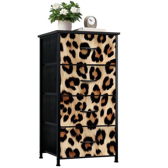 Modern Dresser for Bedroom with 4 Storage Drawers Leopard Print Animal Tan Black Brown Fur Texture Dressers Chest of Drawers Steel Framed Fabric Closet Organizers for Dorm Entryway
