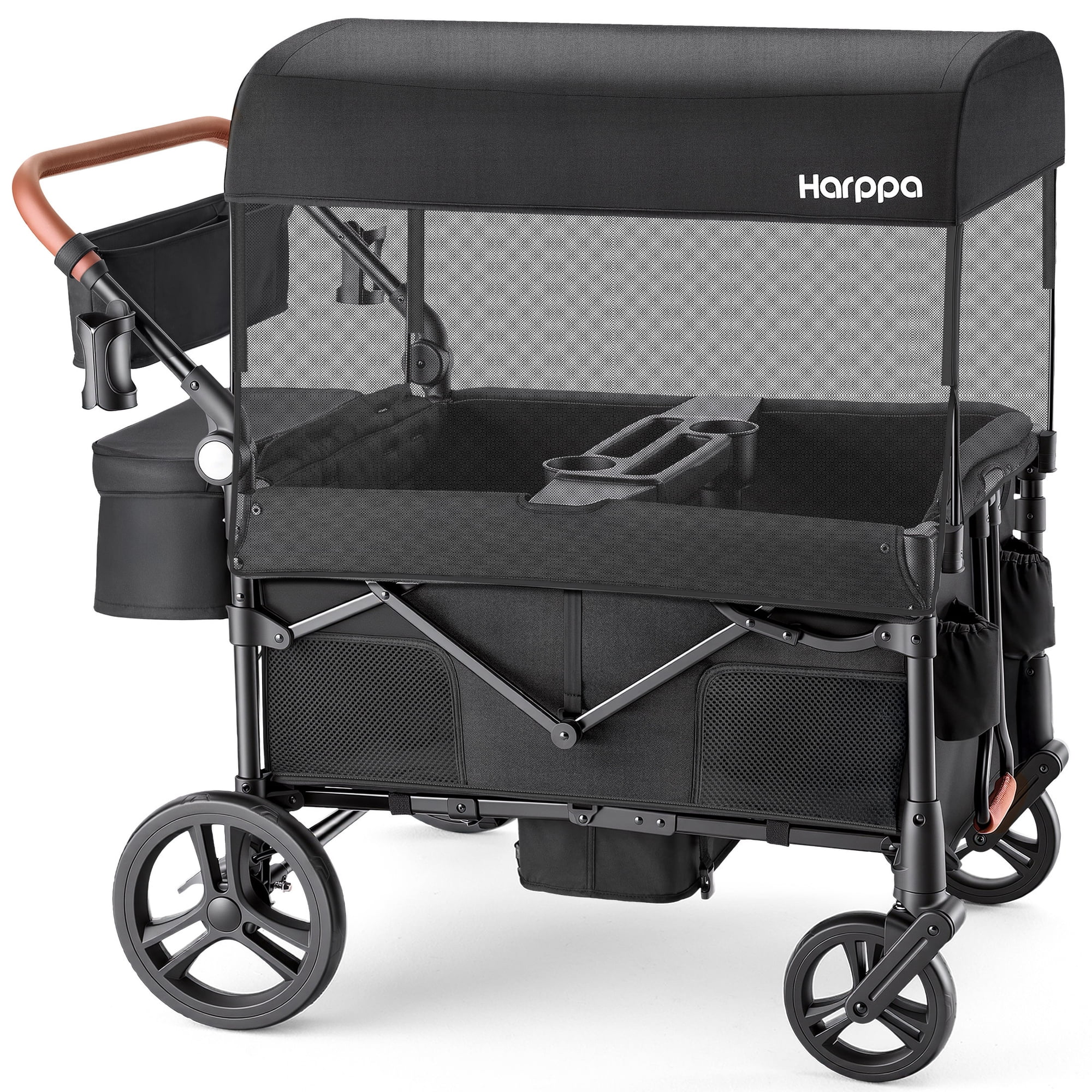 HARPPA Remy XL Foldable Wagon Stroller for 4 Kids with 5-Point Harness,Canopy, Black