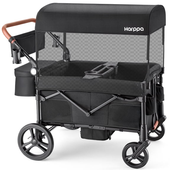 HARPPA Foldable Wagon Stroller for 4 Kids with 5-Point Harness,Canopy, Black