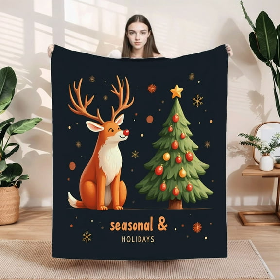 Cozy Flannel Blanket with Festive Reindeer & Christmas Tree Design - Soft Warm Perfect for Sofa Travel Bed & Chair