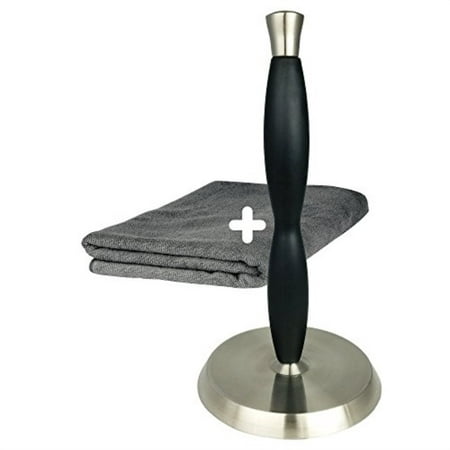 Counter Top Upright Standing Stainless Steel Paper Towel Holder - Dispenser and Free Grey Microfiber Cloth Towel - A Chef's Perfect Kitchen Hand Towel Holder Utensil and Best Clean Up (Best Thing To Clean Stainless Steel)
