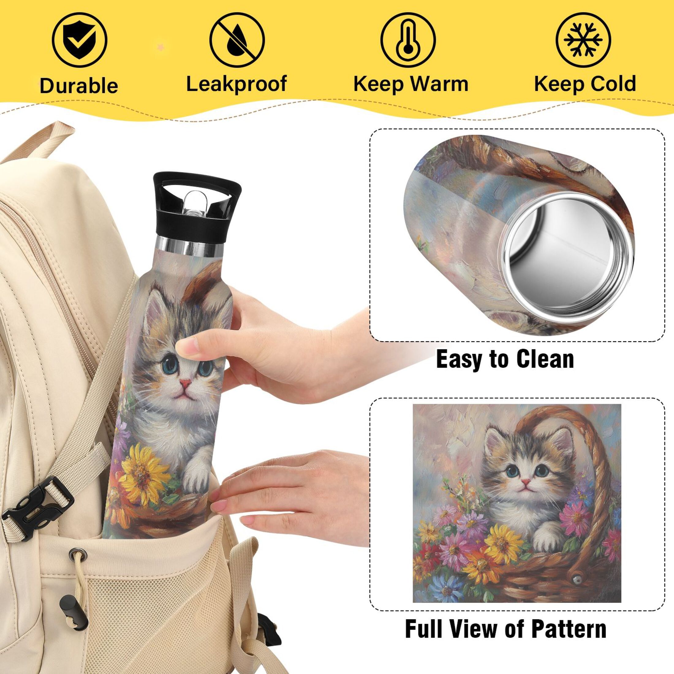 600ML Stainless Steel Insulated Cup Sports Water Bottle Portable Thermos Cup Water Glasses Insulated Tumblers Convenient and Durable Flower Basket Kitten