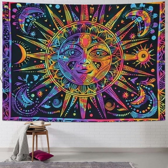 BCIIG Celestial Sun Moon Face Tapestry Wall Hanging, Colorful Psychedelic Boho Mandala Tapestry, Neon Cosmic Sun Moon Wall Decor for Bedroom Living Room Dorm, 40x30in