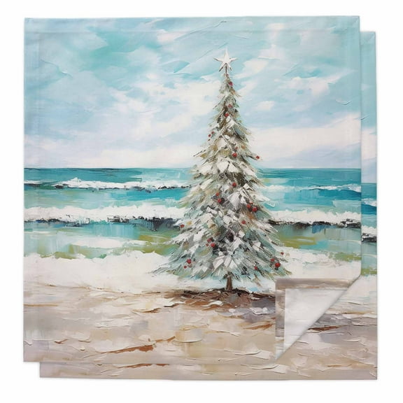Coastal Christmas Tree Cloth Napkins Washable Set of 2, Modern Oil Painting Beach Xmas Tree Reusable Dinner Table Napkins Cloth Bulk for Weddings Kitchen Restaurants Hotel Events Party 20 x 20 Inch