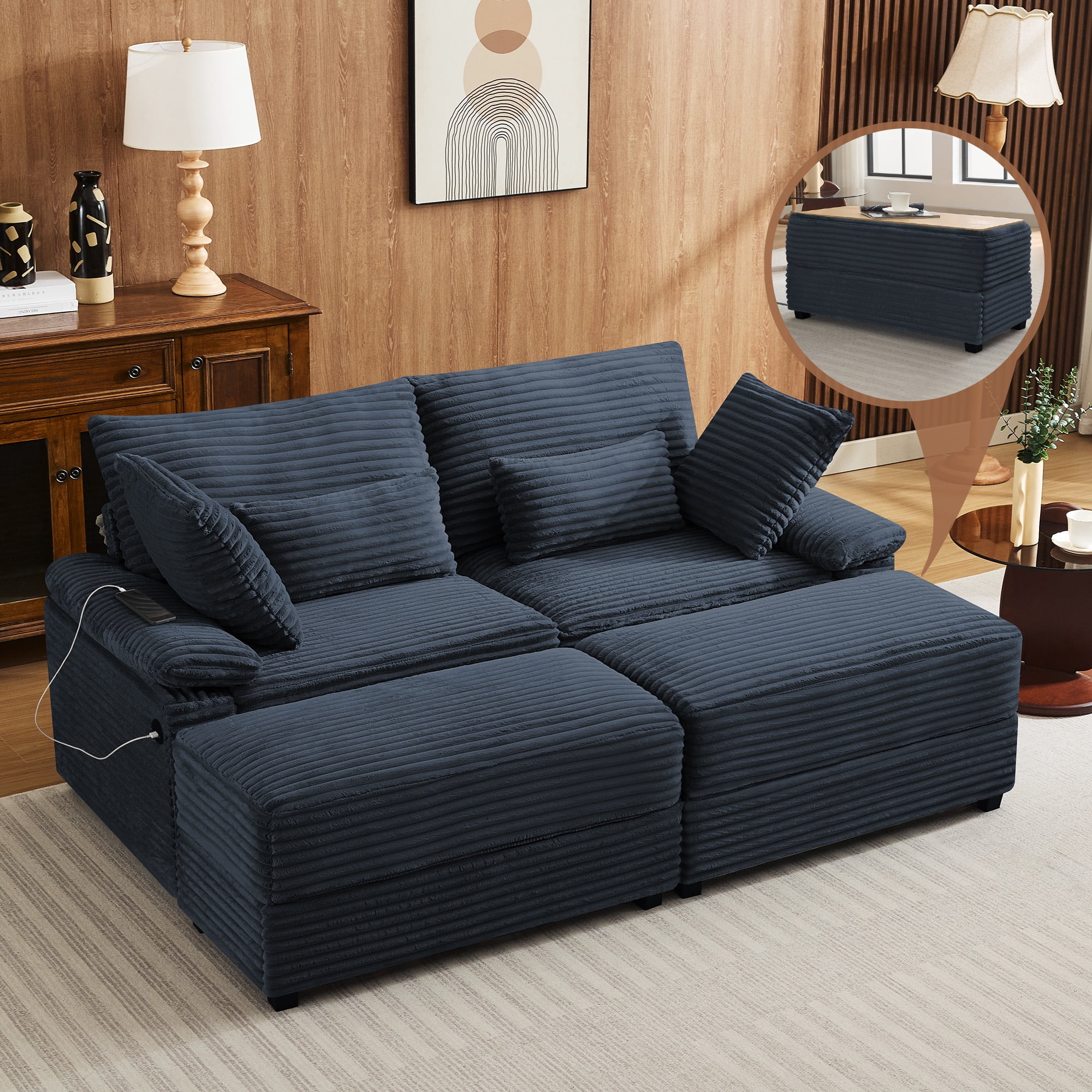 Corduroy Upholstered Sofa for Living Room,Modern Deep Seat Comfy Loveseat Couch with 2 Ottomans,Blue