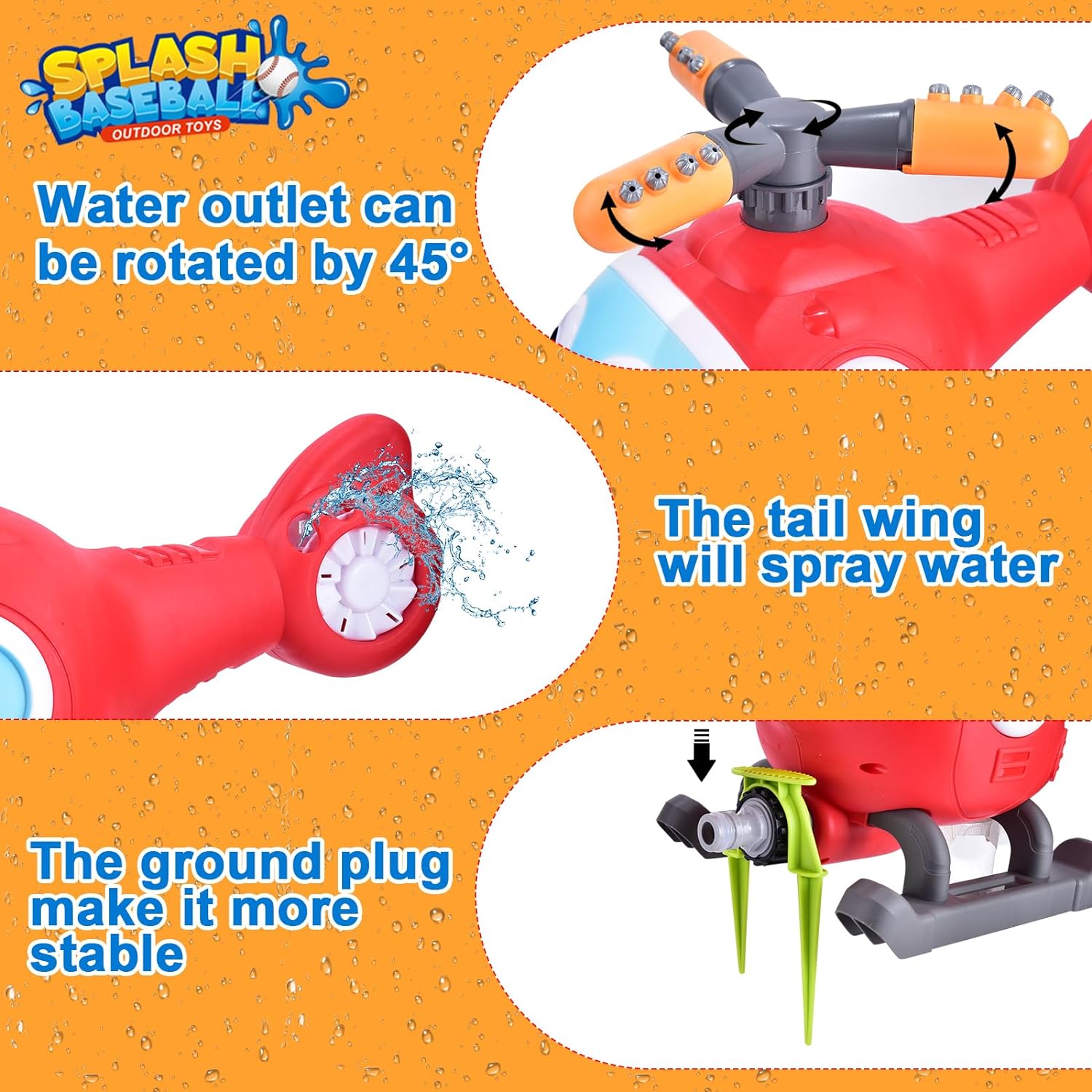 Baseball Sprinkler for Kids, Helicopter Toy Outside Toys for Kids Ages 4-8, Water Toys for Kids Ages 3-5, 2 in 1 T Ball Set Best Backyard Toys, Lawn Pool Birthday Gifts for Boys Girly Ages 4+
