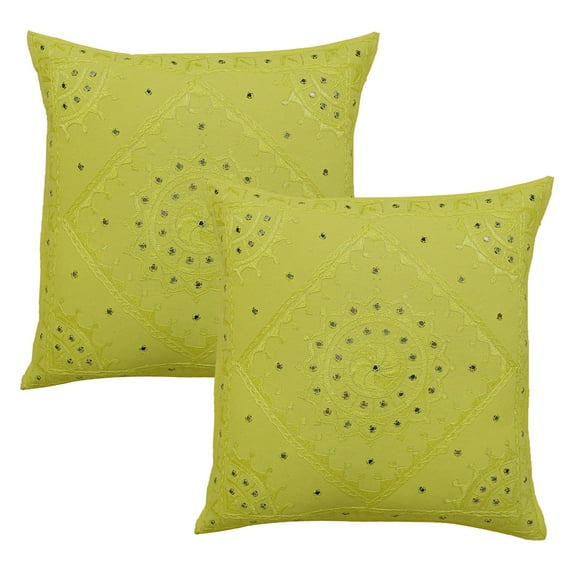 Stylo Culture Ethnic Sofa Throw Pillow Covers 24x24 Large Hand Embroidered Lemon Yellow Boho 60x60 cm Home Decor Cotton Mirrored Square Cushion Covers | Set Of 2