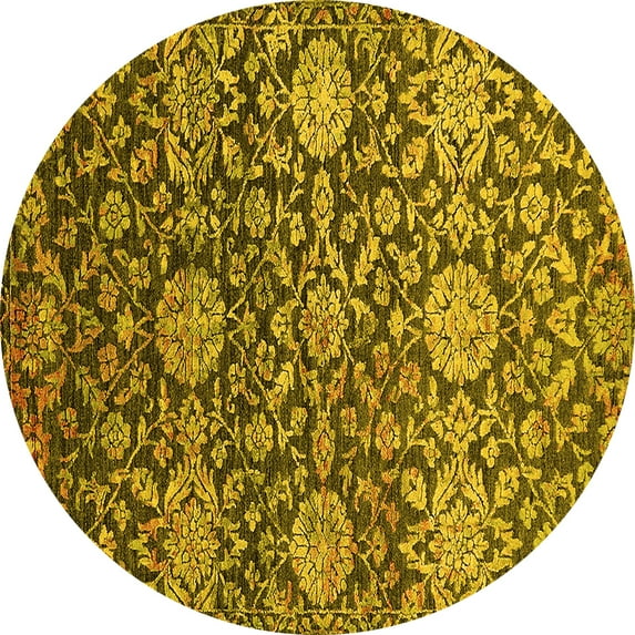Ahgly Company Machine Washable Indoor Round Oriental Yellow Industrial Area Rugs, 4' Round