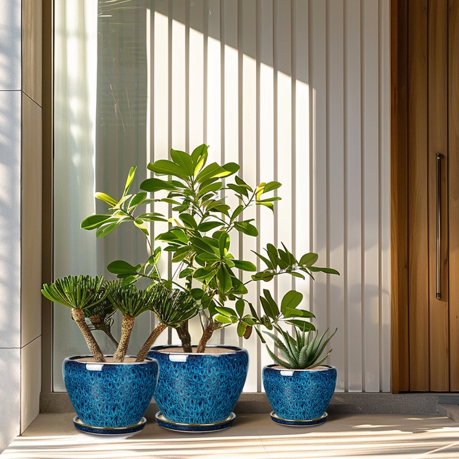 Ceramic Plant Pots ,10+8+6 inch Modern Large Flower Planters for Plants with Drainage & Saucer for Orchids & Succulents Housewarming Gift for Women, Set of 3 Blue-Glaze