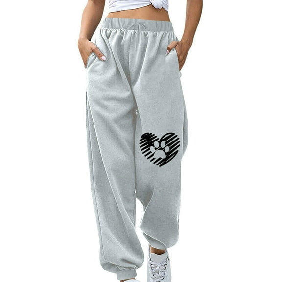 IROINNID Reduced Sweatpants for Women Wide Leg Relaxed Fit Fall Winter Fitness Sport Printing Elastic Waist Long Sweatpants,Gray