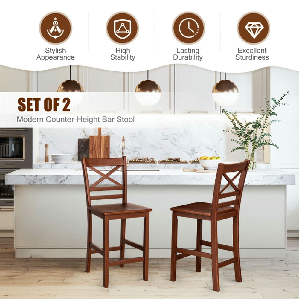 Demi Bonn Set of 2 Bar Stools 25" Counter Height Bar Stools with Rubber Wood Legs, Modern Dining Chair with Backrests, Brown