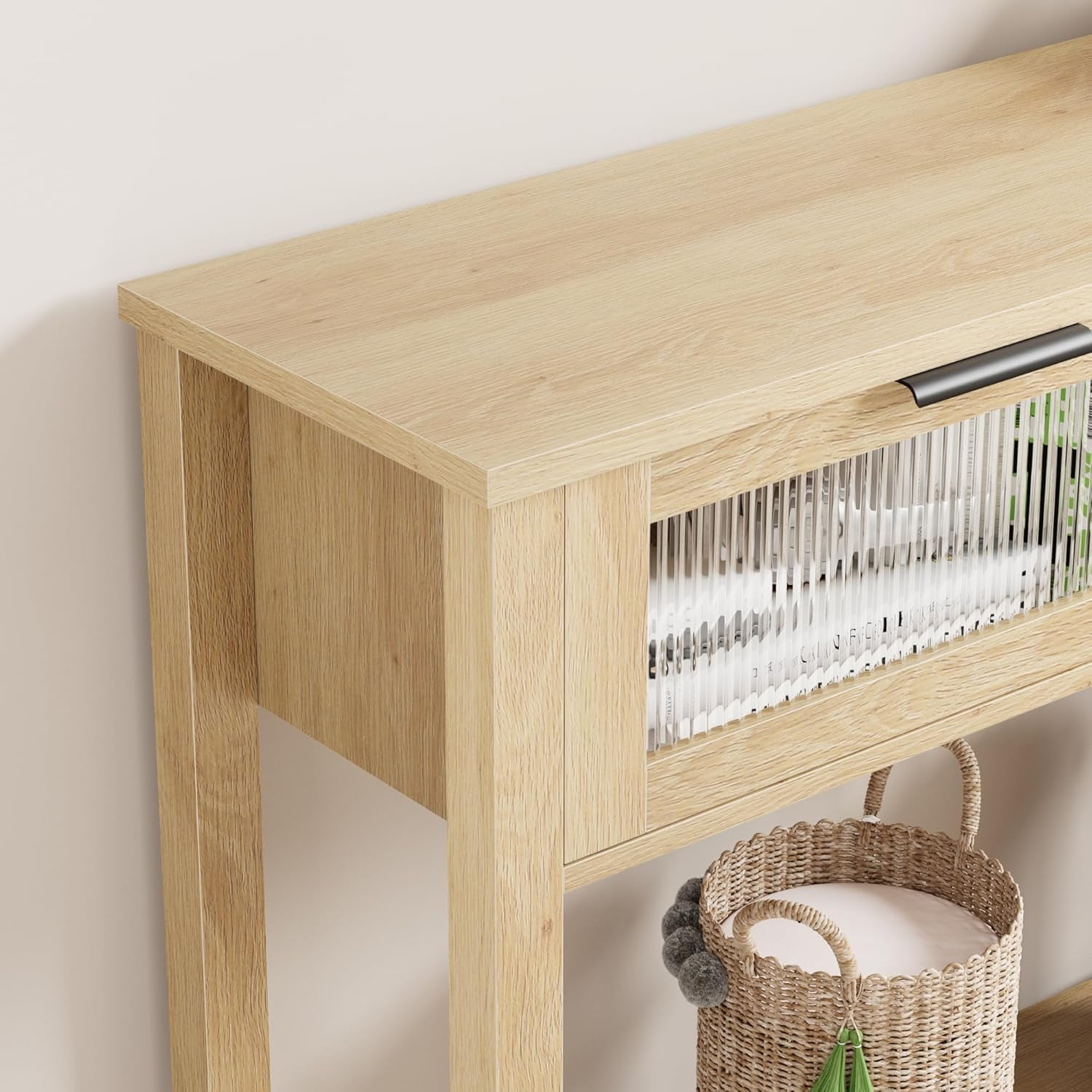 PYY Modern Rustic Console Table with Glass Drawers – 2-Tier Narrow Wooden Sofa Side Table, Open Storage Shelf for Entryway, Living Room, Hallway and Home Office – Natural Wood Color