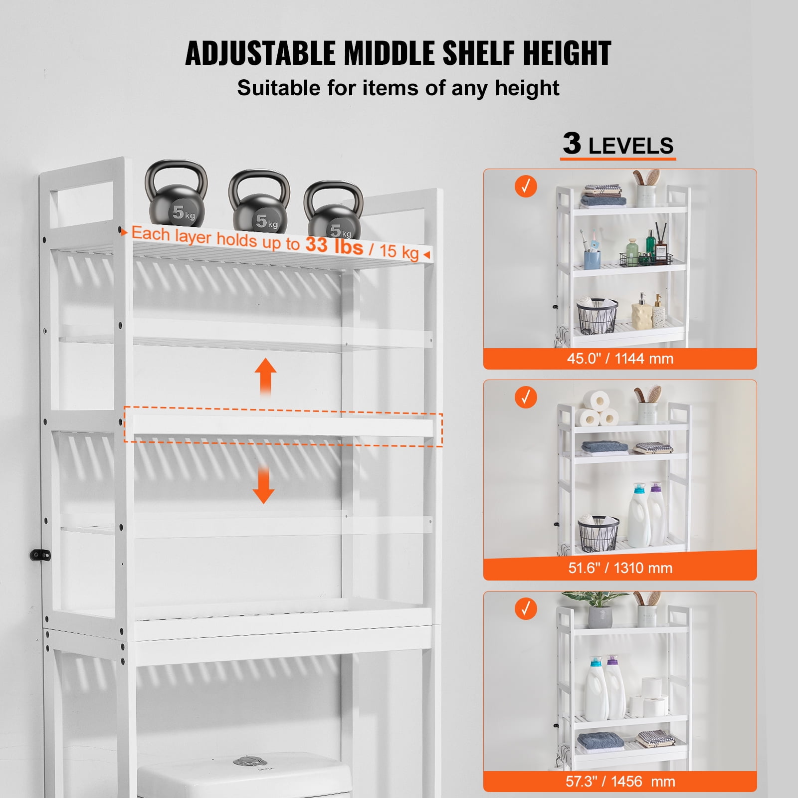 KFFKFF Bathroom Storage Above Toilet, 3-Level Adjustable Bamboo Organizer, Shelf Rack with Trio Hooks, Independent Assembly for Laundry Room Saving Space, Compatible with Various Toilets, White