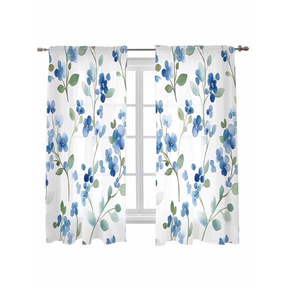 Spring Blue Floral Curtains 63 Inch Length,Sheer Curtains for Bedroom Living Room Window Ombre Garden Flower Botanical Blooms Rod Pocket Drapes Kitchen Curtains Small Half Window 42"x63" 2 Panels