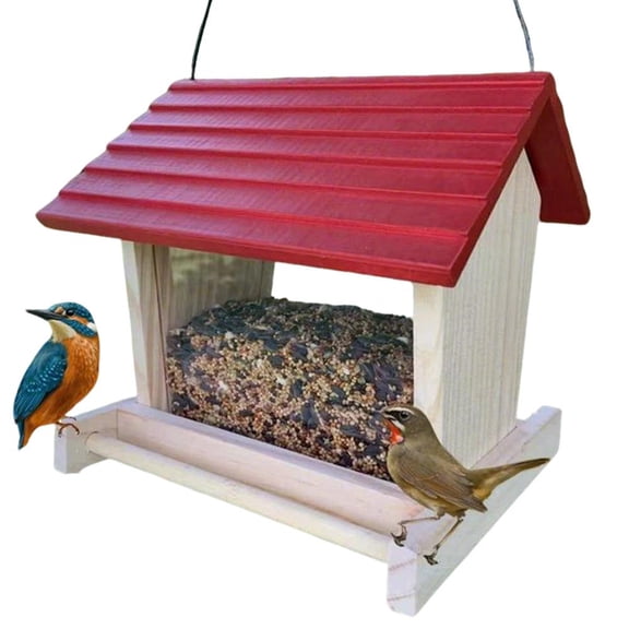 Wooden Bird Feeder for Outdoors, Hanging Garden Feeder with Windproof Roof, Feeding Stations, Ventilation Base for Seeds & Nuts