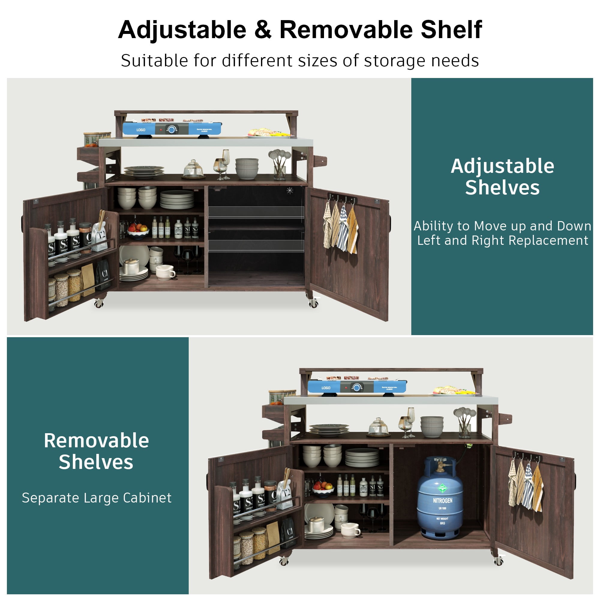 DEALTOPS Outdoor Kitchen Island Storage Cart with Raised Shelf and Stainless Steel Top, Grill Prep Cart BBQ Station, Rustic Brown