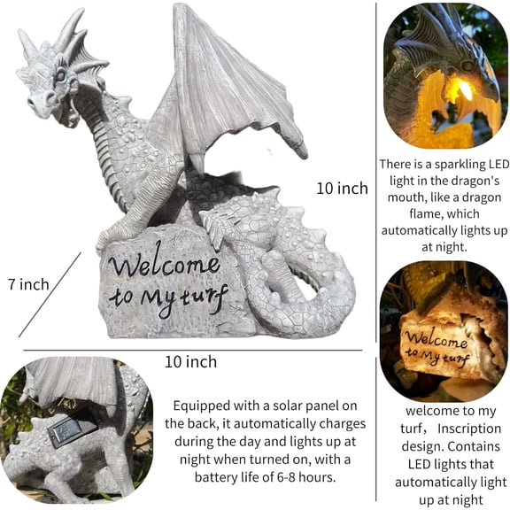 Garden Large Dragon Statue Solar Powered Outdoor Figurine Light The Dragonfire Welcome to My Turf Sign Big Resin Sculpture Home Decoration Housewarming Ornament  Gift
