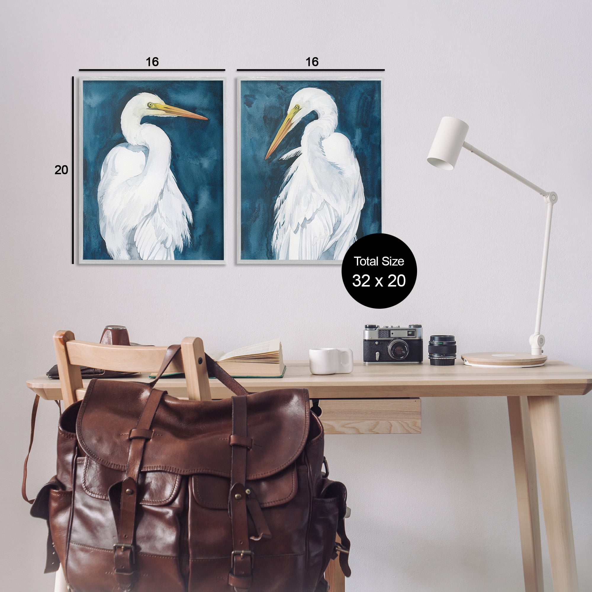 Stupell Industries Elegant Egrets on Blue Animals & Insects Painting Gray Framed Art Print Wall Art, 16 x 20, Set of 2