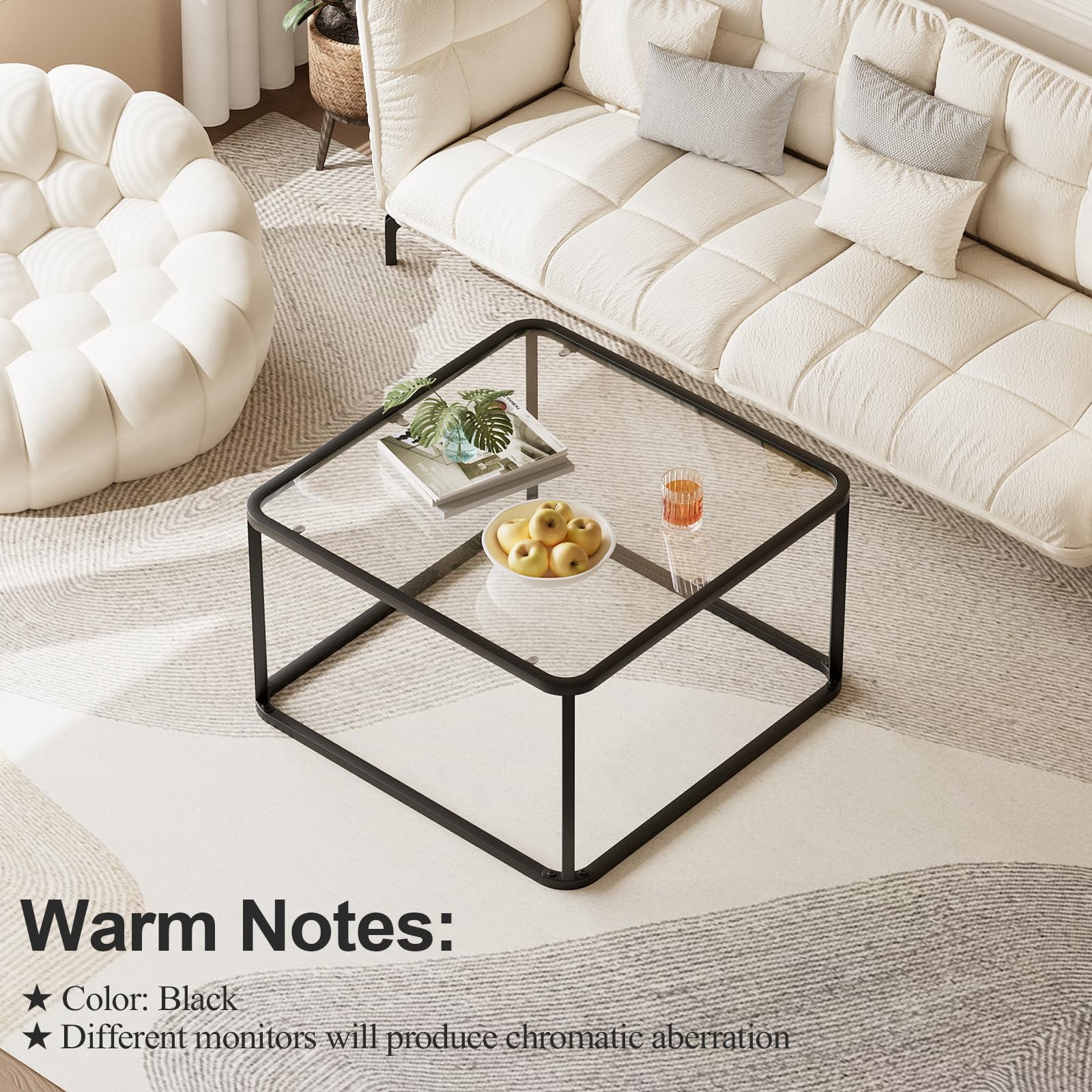 Coffee Table Glass, Minimalist Square Tables for Living Room, Modern Center Table for Office or Small Space, Tempered Glass, Sturdy Metal Frame, Easy Assembly, 26.4 x 26.4 x 15.7 Inches, Black