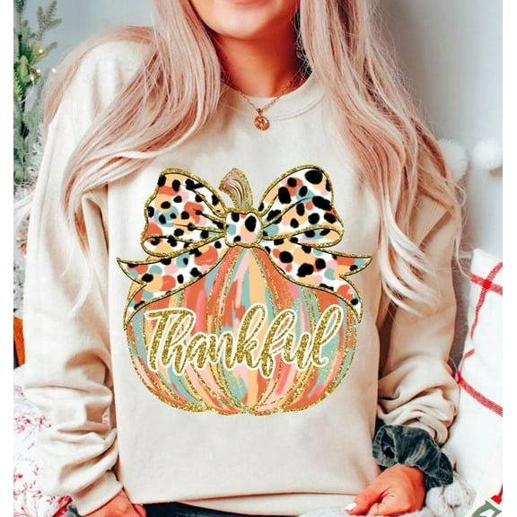 Thankful Fall Pumpkin Sweatshirt, Colorful Coquette Shirt with Gold Glitter and Dalmatian Bow, Cute Thanksgiving SWEAT Sweatshirt for Girls or Women