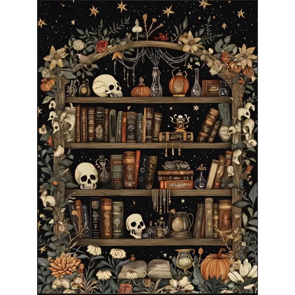 shiyou-Skull Diamond Art Kits for Adults, Goth Skull Bookshelf Diamond Painting Kits for Beginners, Full Drill Crystal Rhinestone Gem Diamond Art Kits Craft for Home Wall Decor 12X16 Inch
