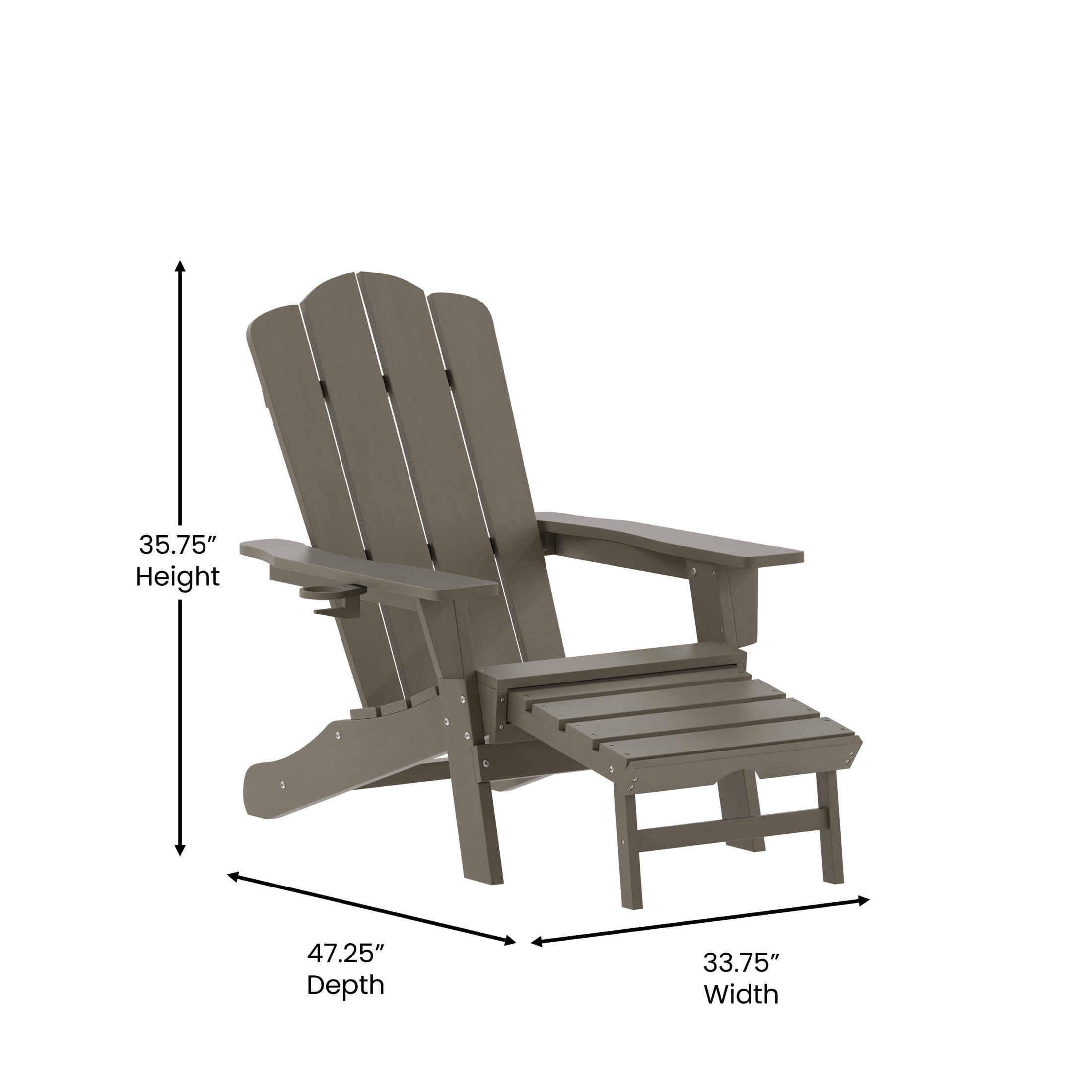BizChair HDPE Adirondack Chair with Cup Holder and Pull Out Ottoman, All-Weather HDPE Indoor/Outdoor Lounge Chair in Brown, Set of 2