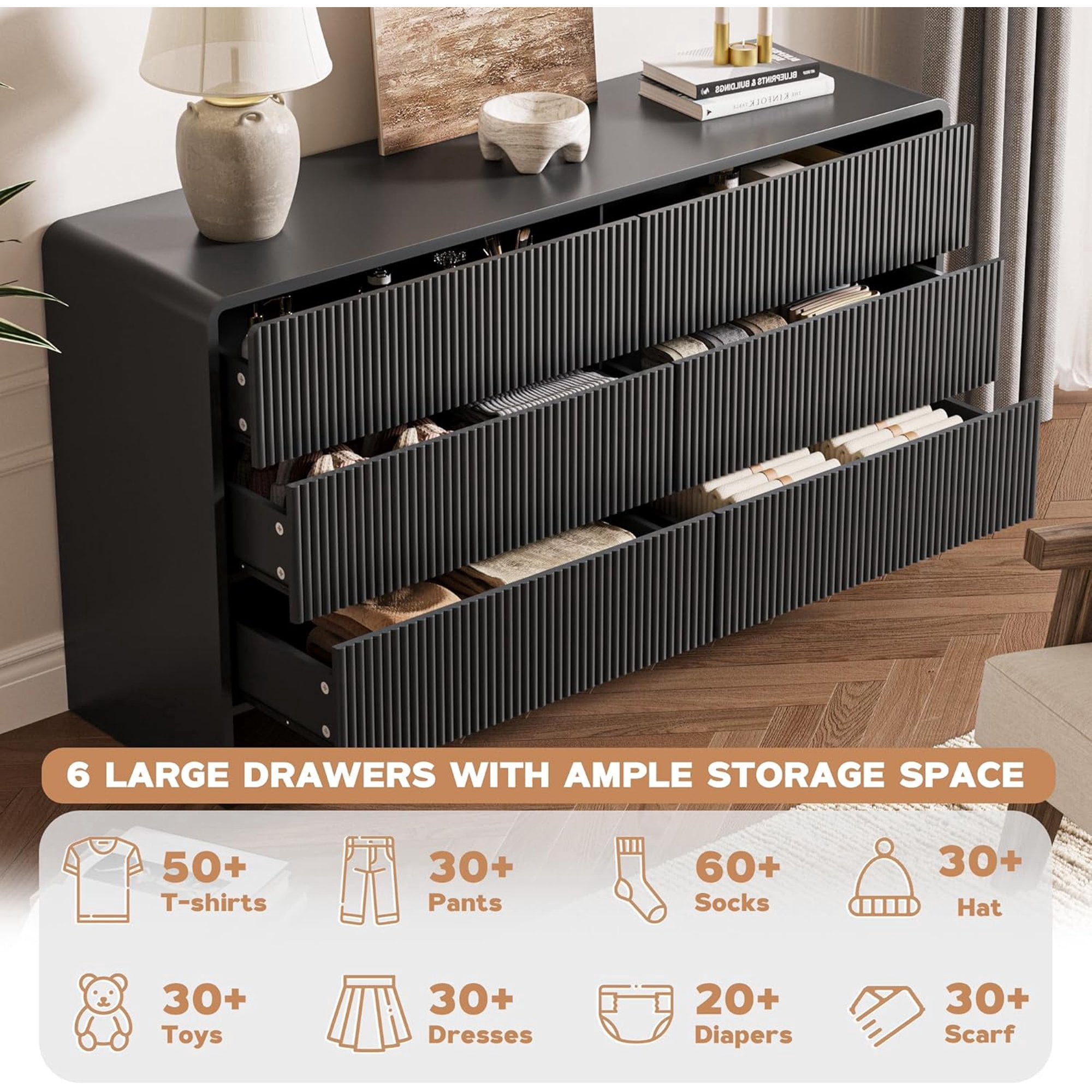 FURNIWAY Black 6 Drawer Dresser Push to Open Modern Curved Long Dresser for Bedroom Living Room Closet