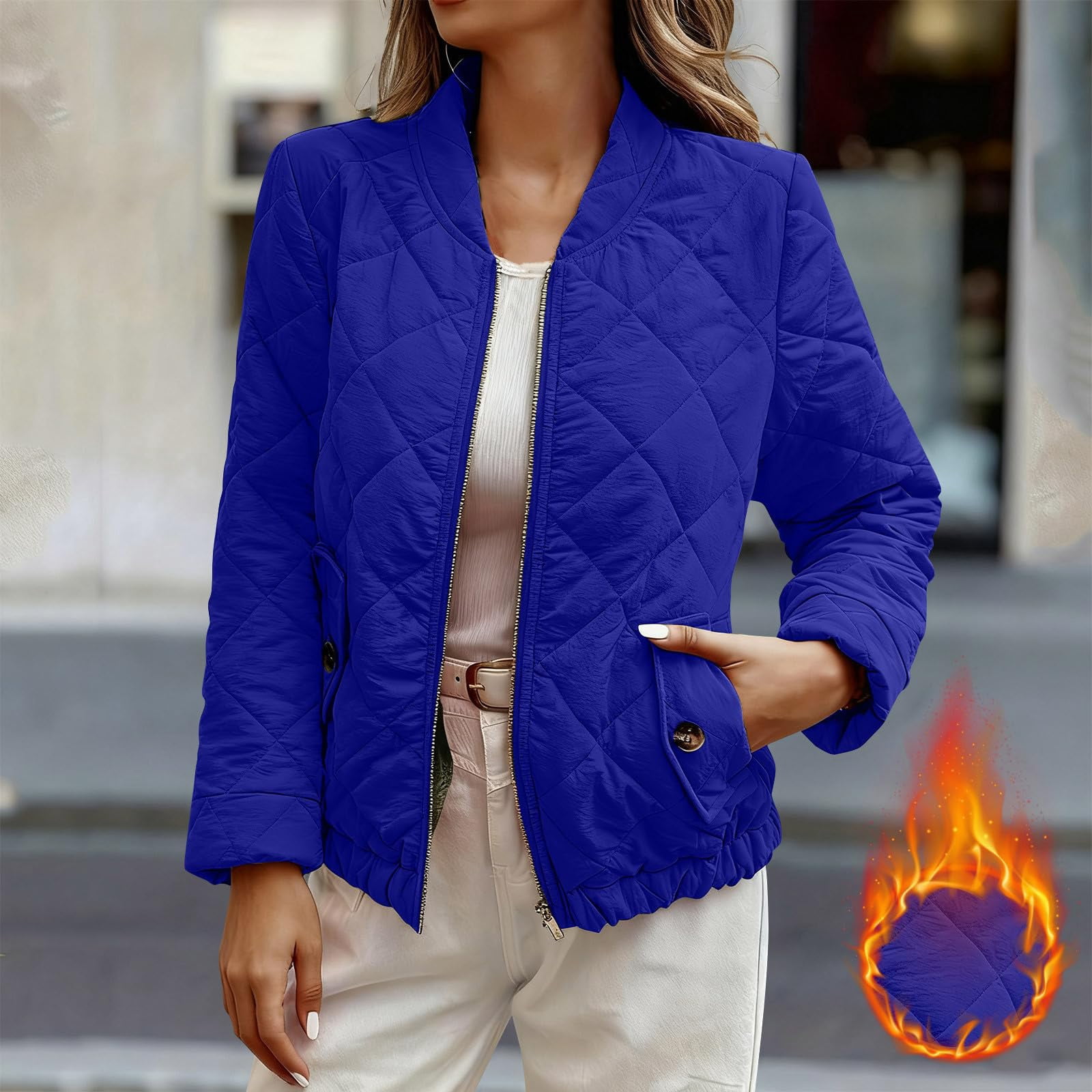 Women's Diamond Quilted Crop Jackets Lightweight Casual Bomber Jacket Warm Winter Zip Up Short Coats with Pockets