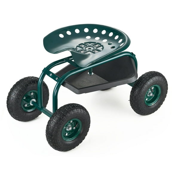 Heavy-Duty Rolling Garden Cart with Comfortable Swivel Seat, All-Terrain Wheels & Tool Tray – 300 lbs Capacity for Yard Tasks