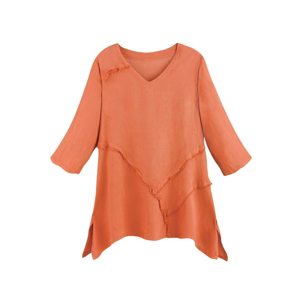 Women's Tunic Top - Relaxed Weekend Linen V-Neck Shirt - Coral 