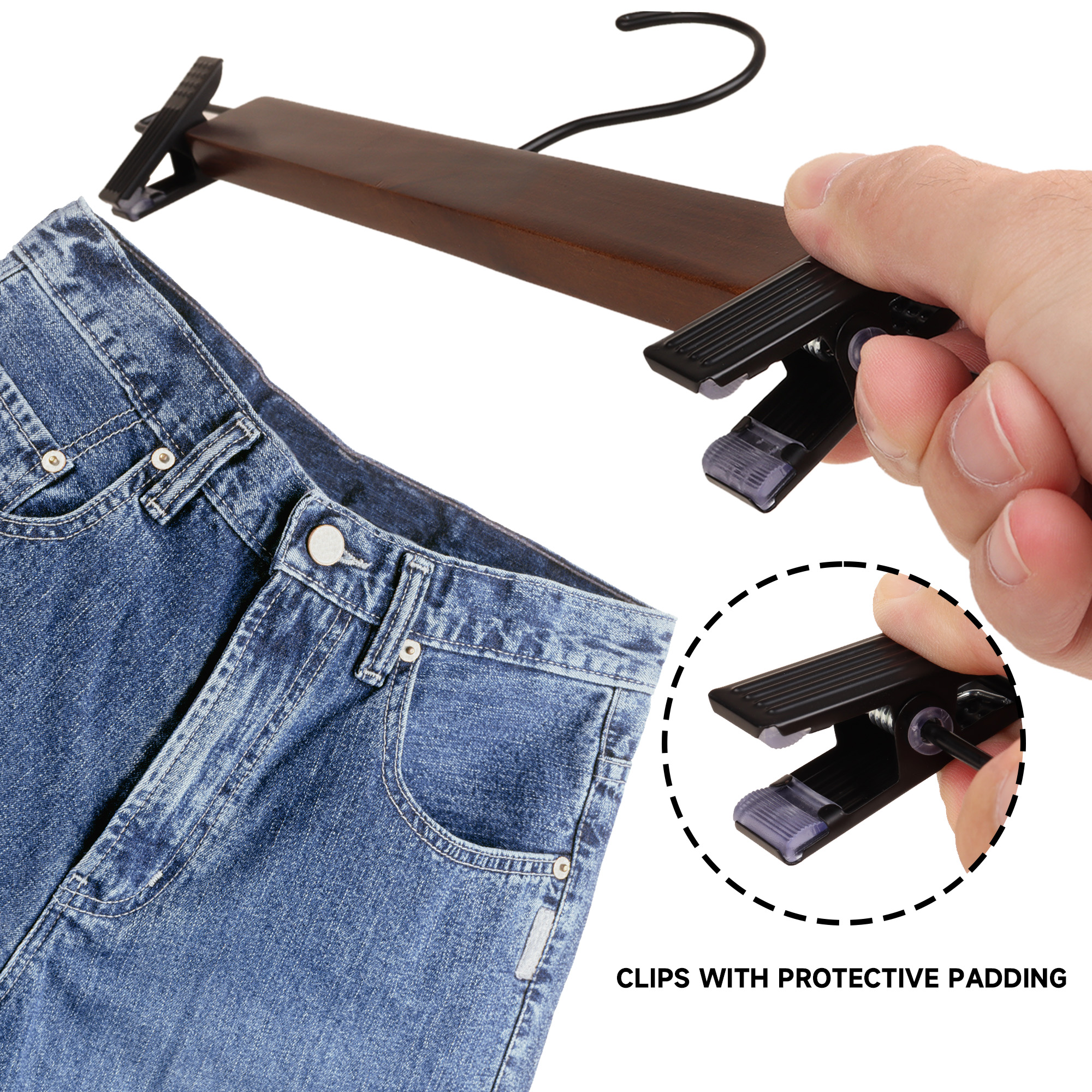BP4U 12-Pack Premium Wooden Pants Hangers with Adjustable Clips, Heavy Duty Solid Wood Skirt Hangers, Non-Slip Trousers Bottom Hangers for Jeans, Slacks, Dresses(Walnut)