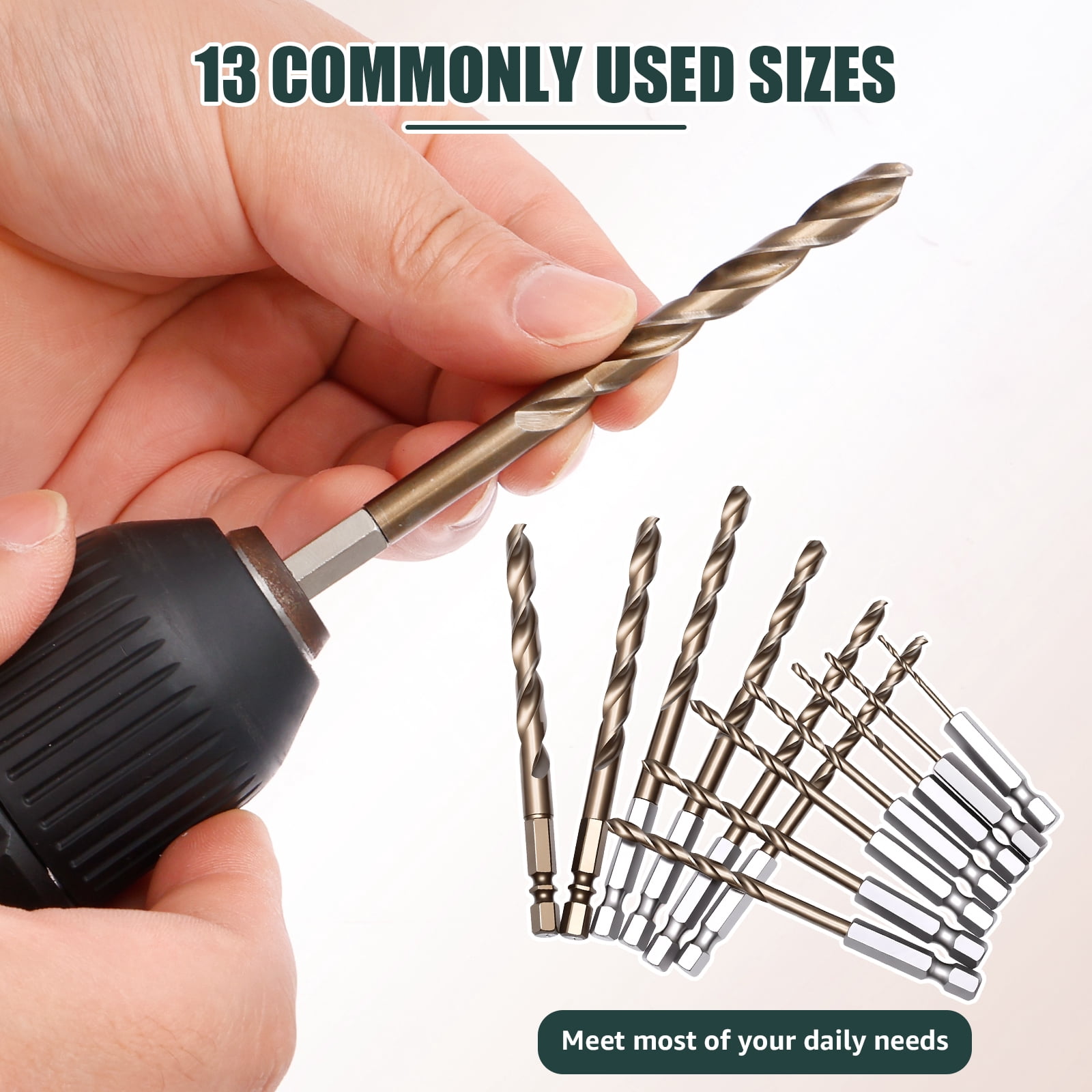 13PCS Titanium High Speed Steel Drill Bit Set, 1/4" Hex Shank Twist Drill Bits for Impact Driver, 1/16" to 1/4" Jobber Length Bit Set for Wood, Plastic, Aluminum, Copper and Stainless Steel